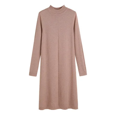 

Knitted Sweater Dress Women Autumn Winter High-End Women Round Neck Casual Loose Long Sleeve Lady Solid Color Medium Length Dres