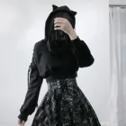 Женская толстовка в стиле Харадзюку, темно-Черная Толстовка с длинным рукавом и кошачьими ушками в готическом стиле, уличный Свободный пуловер в стиле панк, # T2G