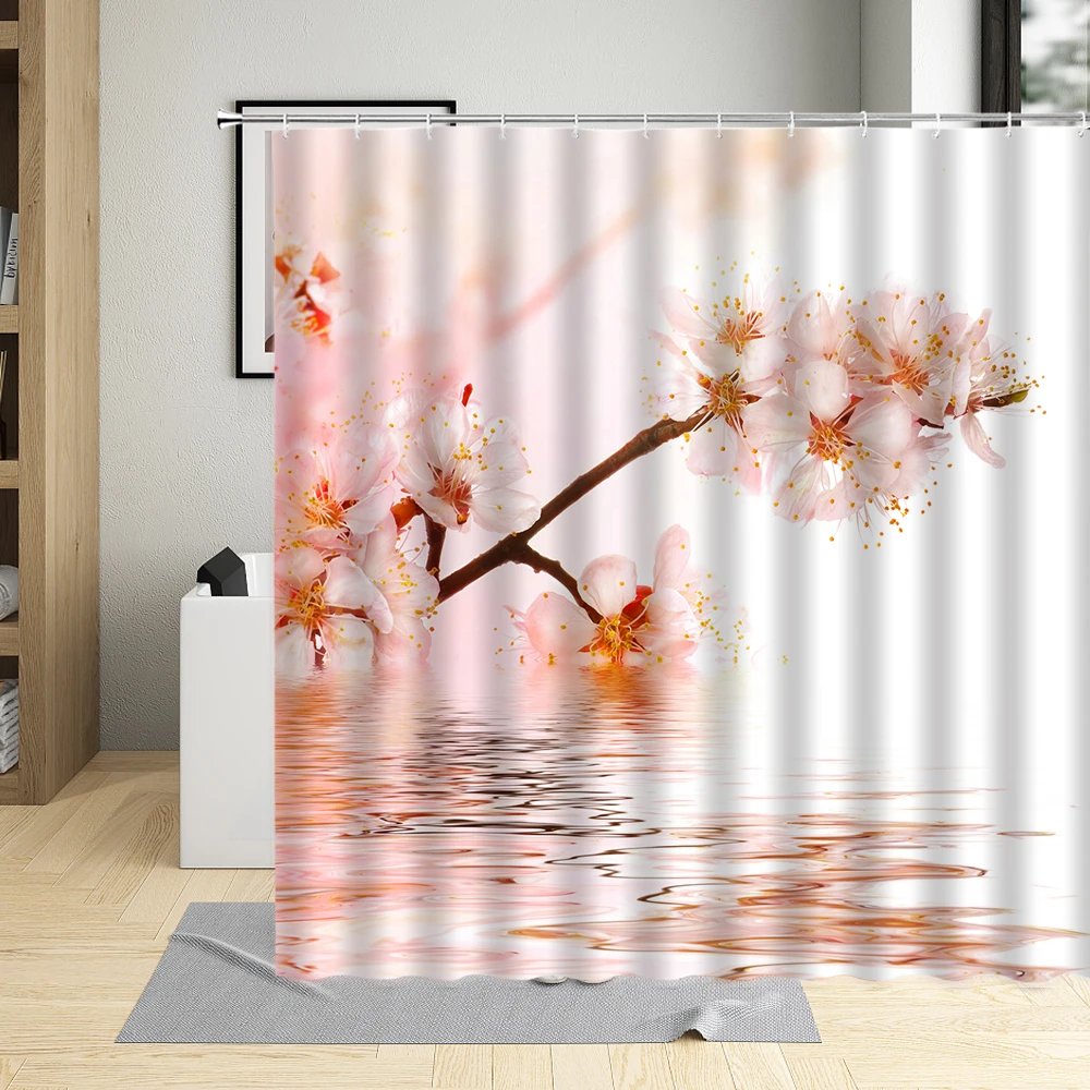 

Штора для душа, водонепроницаемая занавеска для ванной, с розовыми цветами персика, с крючками