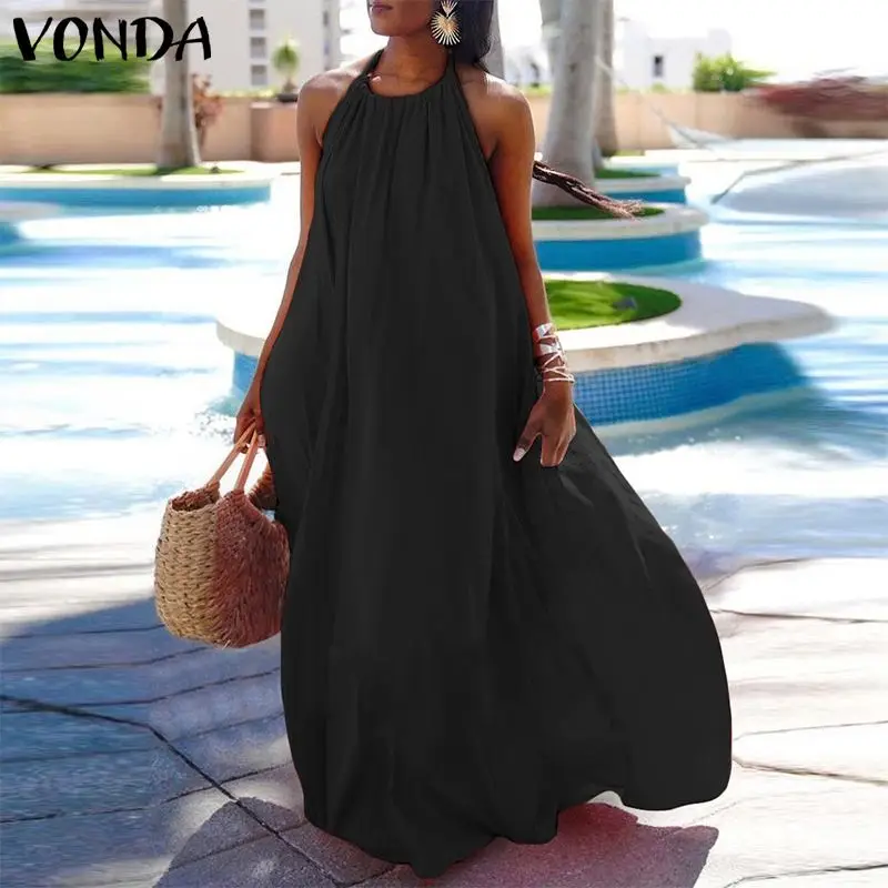 

Long Maxi Dress VONDA Women Casual O Neck Sexy Sleeveless Baggy Pleated Dresses Loose Sundress Femme Bohemian Vestidos