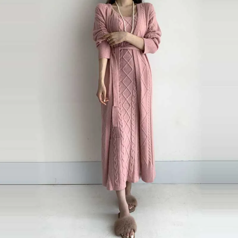 

Korean Women Hedging Knitted Sweater Dress One-Piece French Linen Pattern Cardigan Sweater Jacket 2020 Winter New Women'S Dress