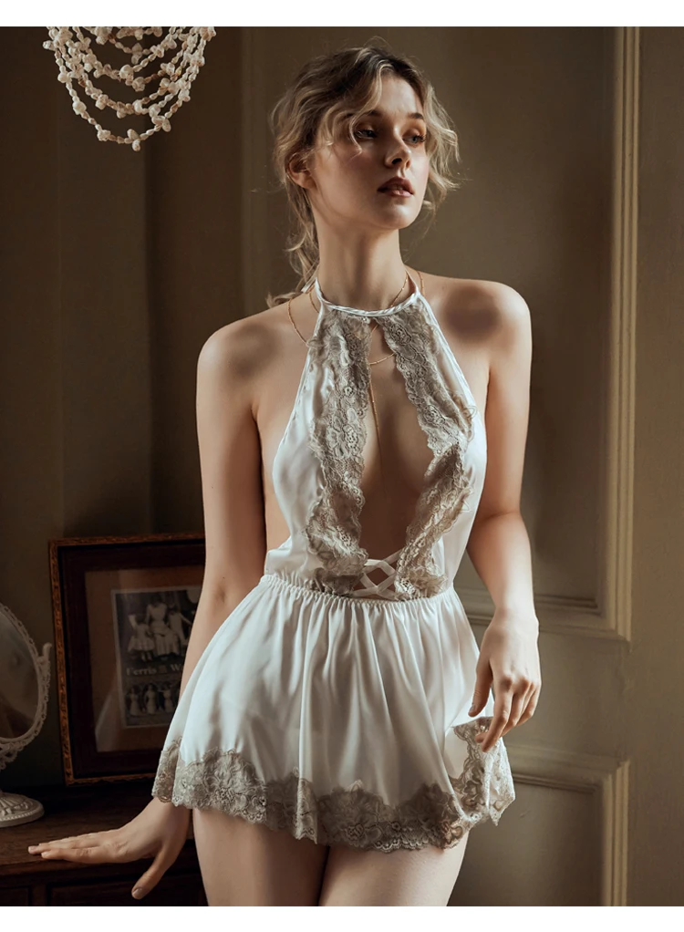 Sexy Lace Ladies V-neck Open Back Satin Mini Nightdress Underwear White Sleepwear Set Lingerie for Women Sleep Wear Night Dress
