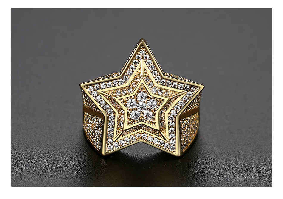 

1 Fashion Charm Punk Star Pentagram Zircon Iced Ring for Men Copper Full Pave Bling Zircon Gold Big Ring Hip Hop Jewelry Gift