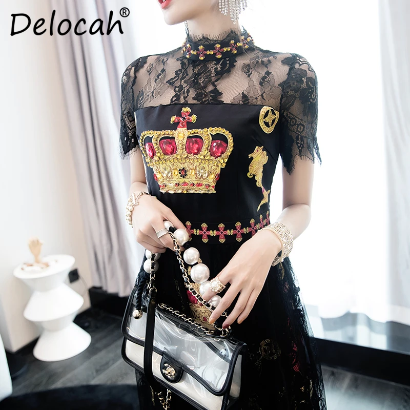 Delocah, новое модное летнее платье для подиума, женское платье с коротким рукавом, с принтом короны, кружевное платье с высокой талией, элегантные винтажные миди платья