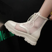 top quality patent leather mesh summer boots women sneaker round toe lace up flat platform shoes woman ankle boots