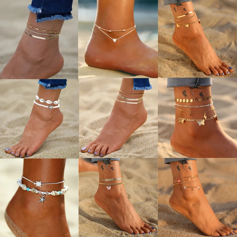 

17KM Bohemian Gold Butterfly Anklets For Women Fashion Siilver Color Beads Anklet Summer Beach Ankle Bracelet Foot Chain Jewelry