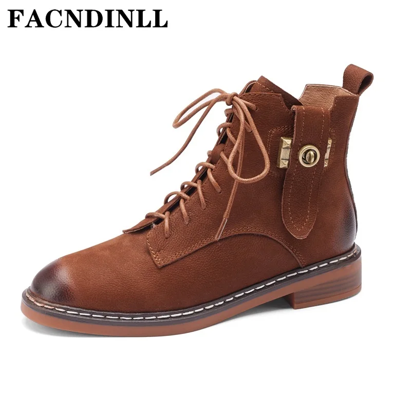

New Women Martin Boots Autumn Winter Warm Shoes Genuine Leather Chunky Med Heels Brown Black Dress Office Ladies Ankle Boots 39