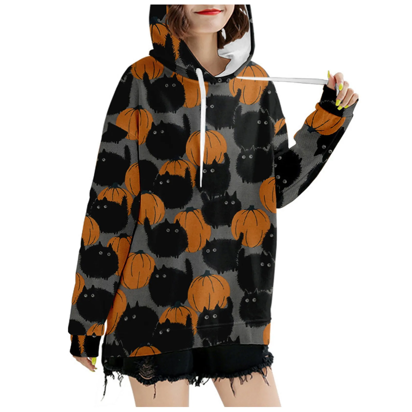 

Свитшоты женские осенние модные свободные повседневные топы с длинным рукавом и принтом на Хэллоуин блузка с капюшоном Толстовка Женская