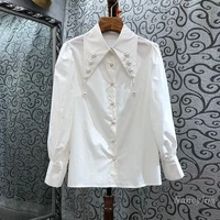 lapel pearl beaded tassel shirt womens 2021 spring and autumn long sleeve all matching blouses femme blusas mujer white