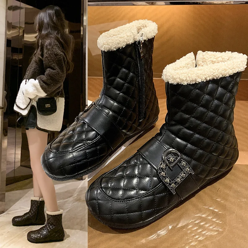 

Winter new flat heel velvet rhinestone round head side zipper short tube women's cotton boots