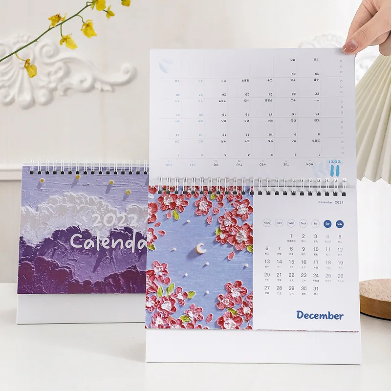 

2022 NEW Kawaii Cute Flower Oil Calendar with Stickers Coil Schedule Creative Desk Table Dates Reminder Timetable Planner sl3122
