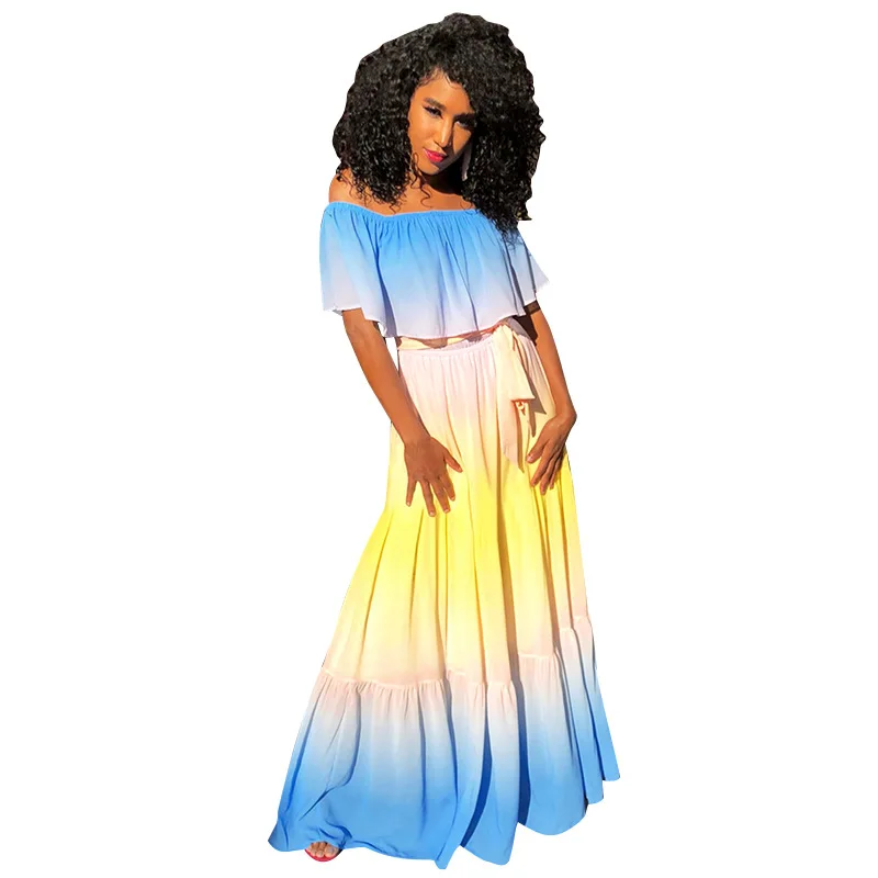 

Donsignet New Fashion Summer Women for Dresssalash Nech Rainbow Chiffon Ankle-Length Dress Holiday Elegant Dress