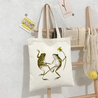 2021 womens canvas shoulder bag student flower frog female handbag korean fashion large capacity reusable shopping bag