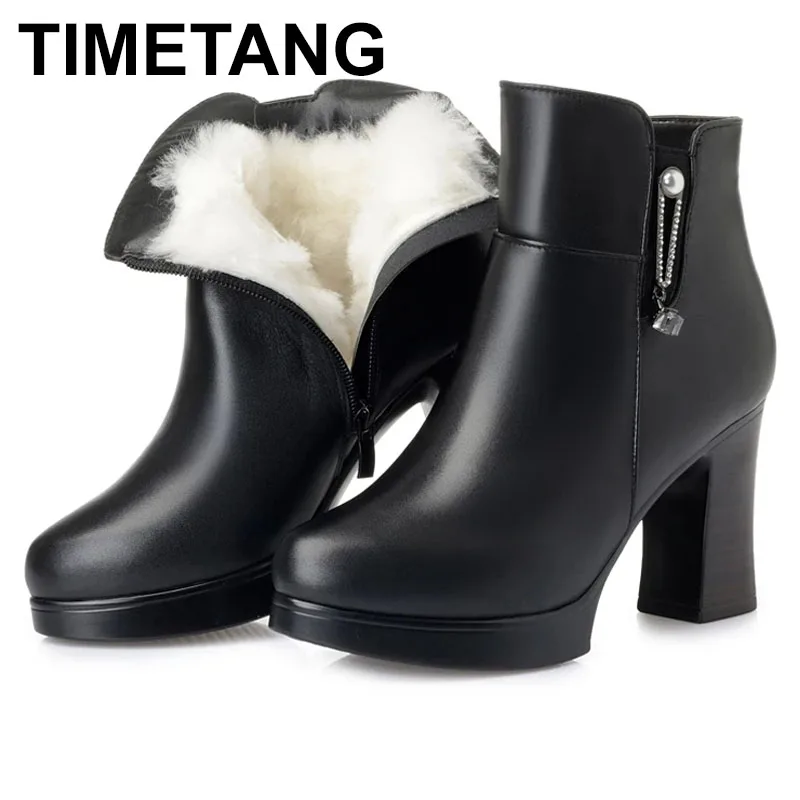 

TIMETANG 2021Fashion Genuine Leather Ankle Boots Women Winter Wool Warm Boots Black Thick High Heel Leather Boot Shoes