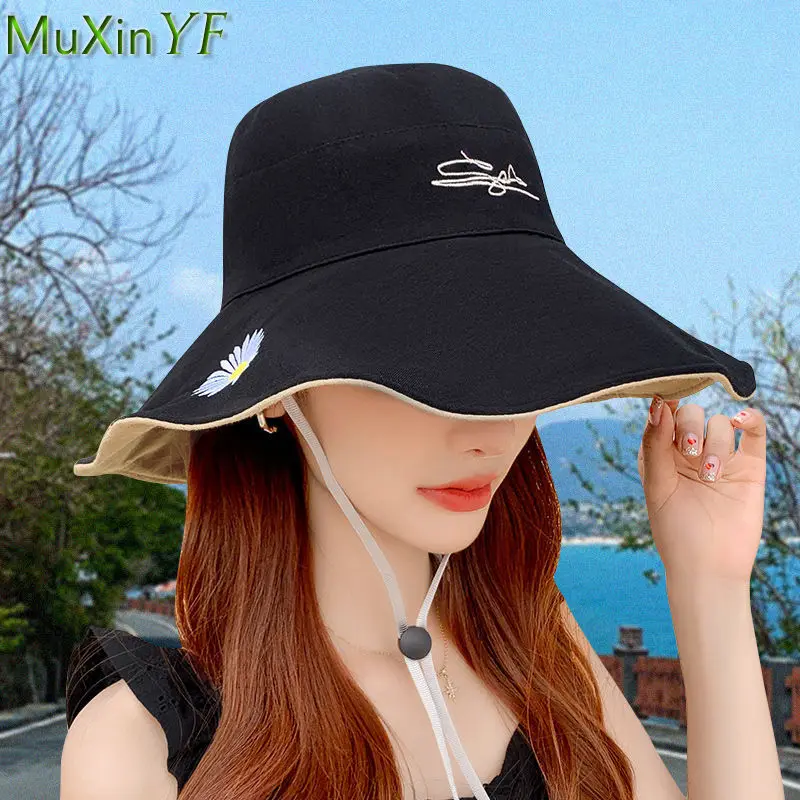 

Summer Double-Sided Can Wear Small Daisy Fisherman Hat 2021 New Thin Sun-Shading Cap Women's Big Brim Outdoor Beach Bucket Hats