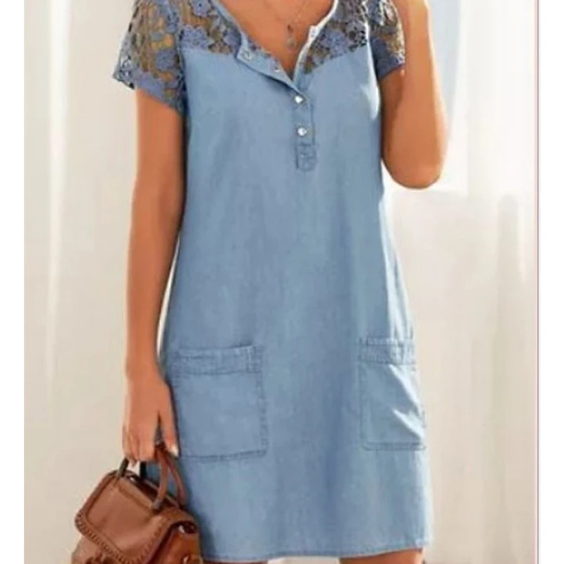 

Robe en Denim à manches courtes en dentelle pour femmes, avec boutons en Patchwork, avec poche, longueur aux genoux