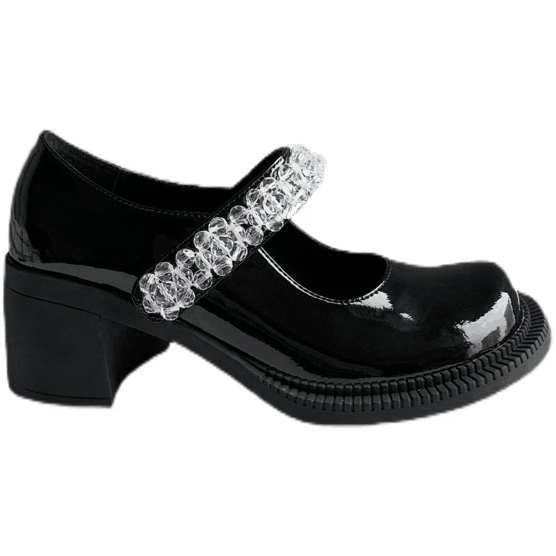 

2021 Spring New Patent Leather Mary Jane Shoes Flat Platform Rhinestone Black High Heels Retro Belt Women's Shoes Size 34-40