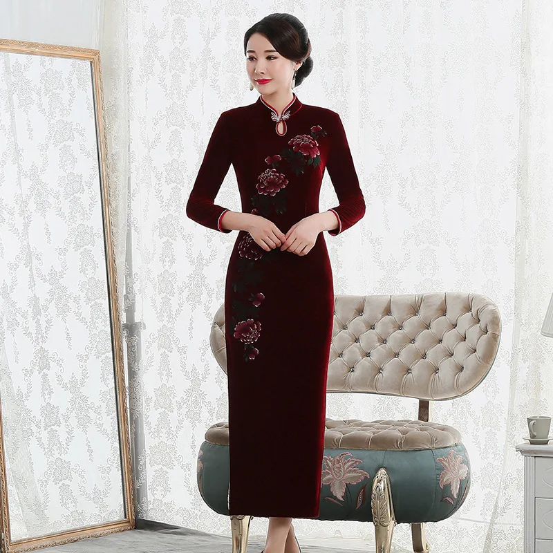 Женское бархатное платье Cheongsam Seven зимнее с длинными рукавами и подиумом 2019 |