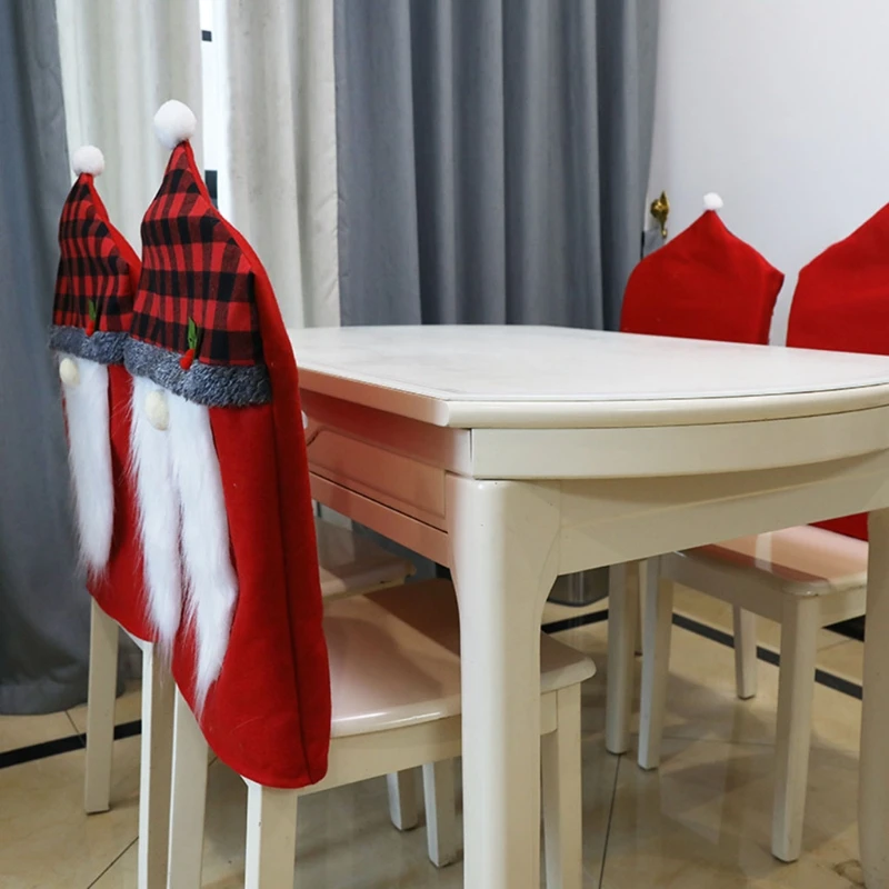 

H55E 2pcs Christmas Chair Cover Plaid Gnome Dining Back Covers Slipcover for Dining Room Kitchen Banquet Xmas Party