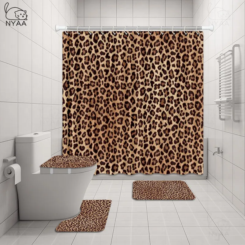 

NYAA 4 Pcs Gold Texture Shower Curtain Pedestal Rug Lid Toilet Cover Mat Bath Mat Set For Bathroom Decor