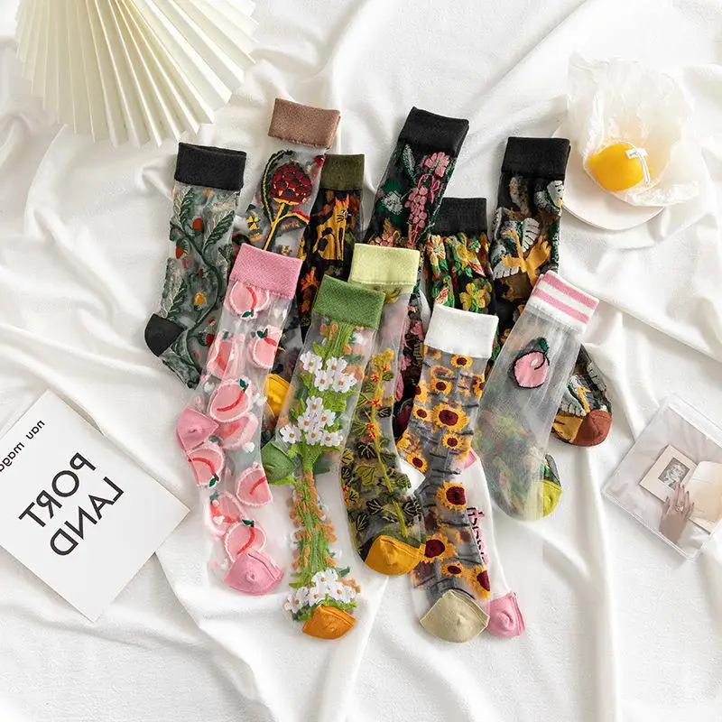 

2021 весна-лето тонкие стеклянные шелковые носки средней длины с художественным принтом модные трендовые Женские Дышащие хлопковые удобные ...