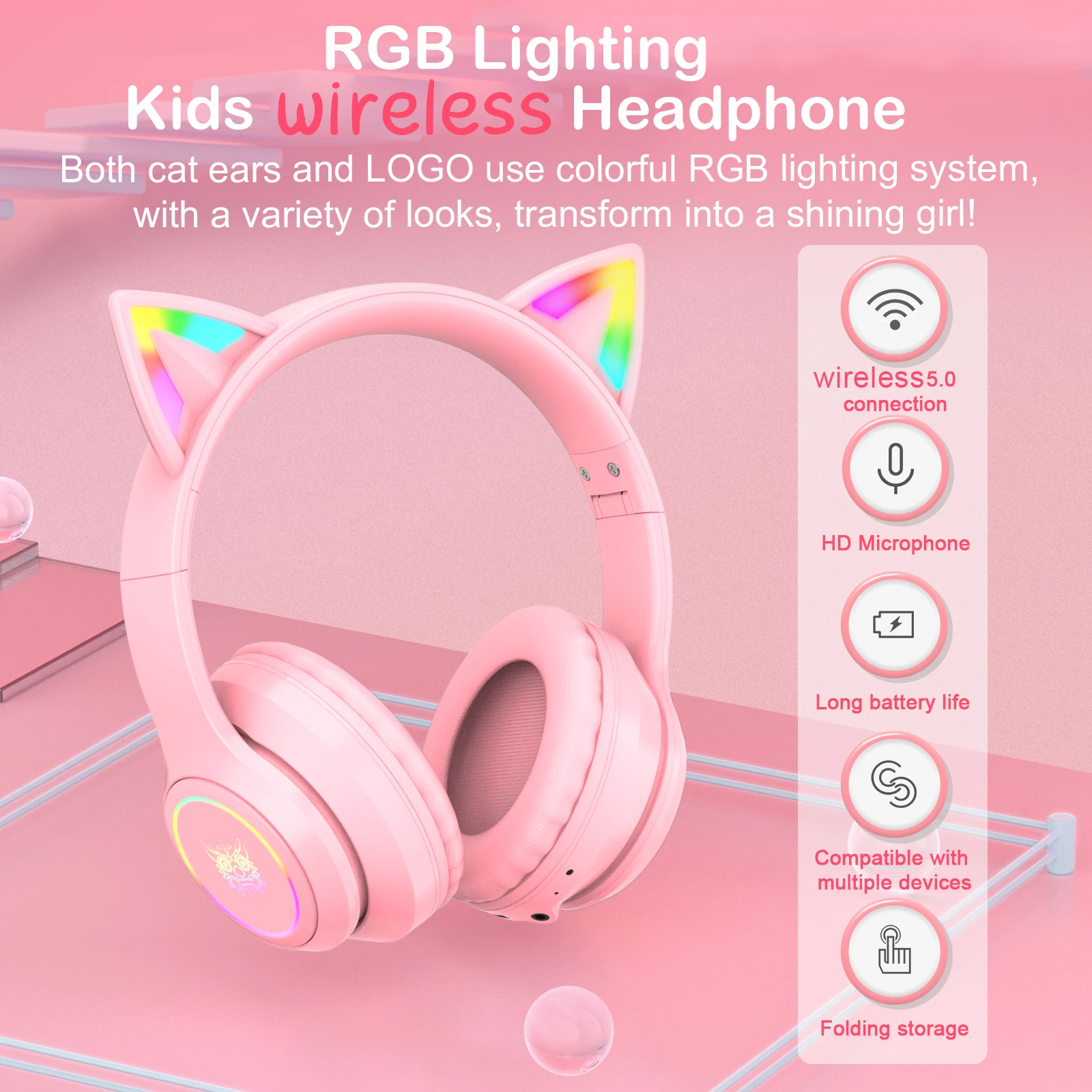 Onikuma B90 Bluetooth-совместимая гарнитура с кошачьими ушками Беспроводная игровая