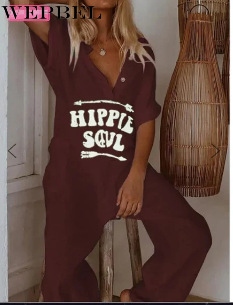 

WEPBEL Casual Short Sleeve Pockets Jumpsuits Home Clothes Rompers Women Fashion Bottom Plus Sizes
