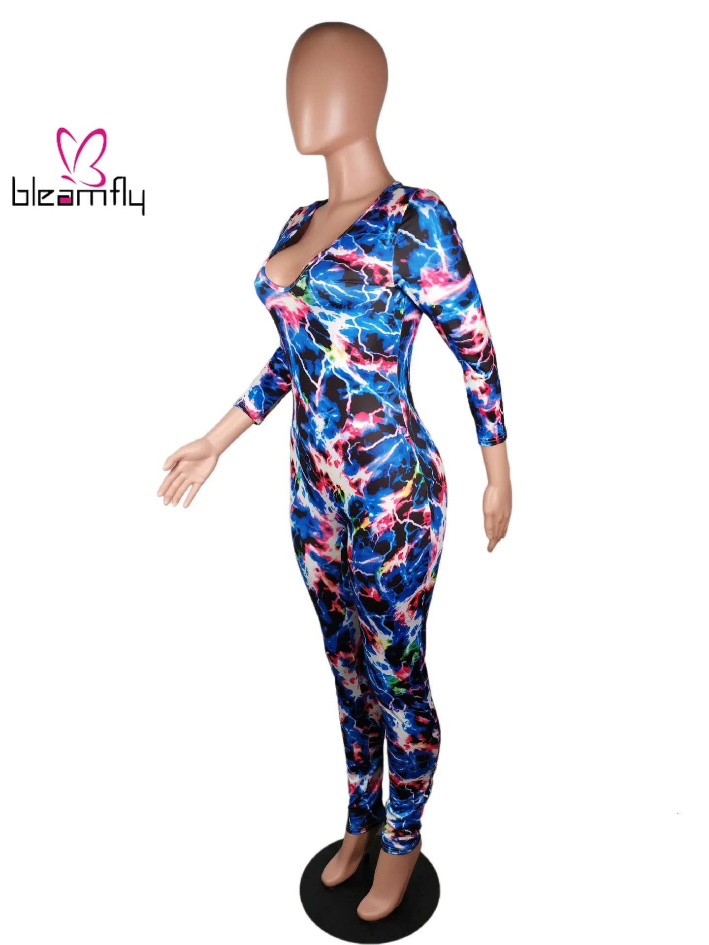 Осенний женский комбинезон с рисунком Галактики v образный вырез длинный рукав