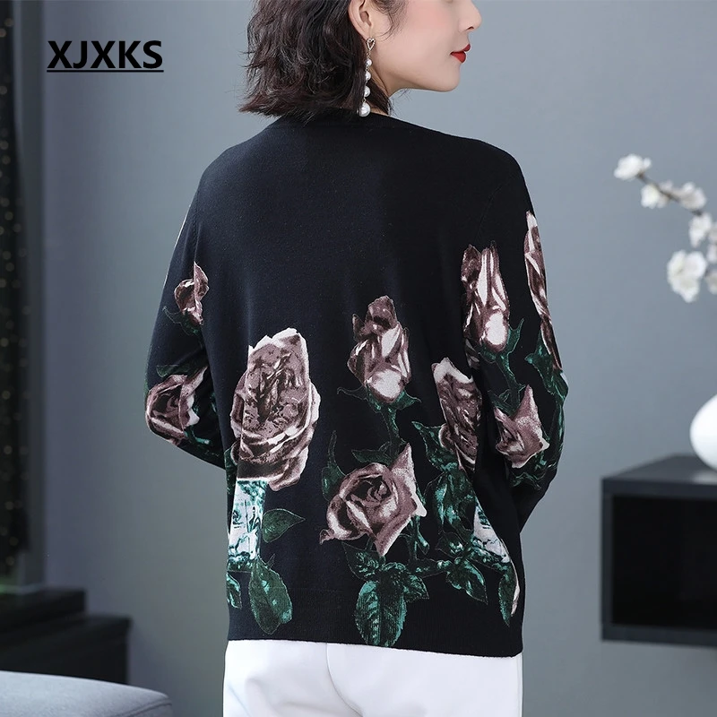 XJXKS Modis Print Flower Sweater Women Vintage Beautiful Sweaters And Pullovers Long Sleeve Tops Knitted | Женская одежда