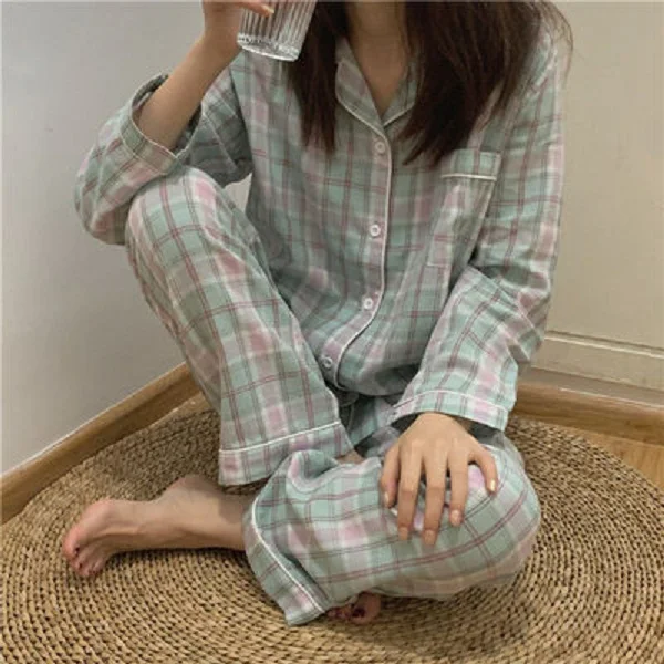 

YRRFUOT Casual Pajamas Loungewear Set Long-sleeved Sweet and Loose Ladies Cardigan Women's Loungewear Plaid Pajamas Women Autumn