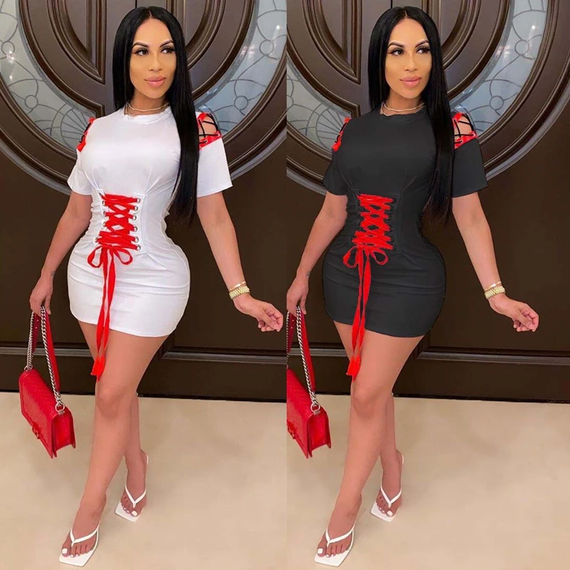 

Новое модное однотонное сексуальное платье для вечеринки, облегающее платье с круглым вырезом и коротким рукавом, женская рубашка-юбка для ...