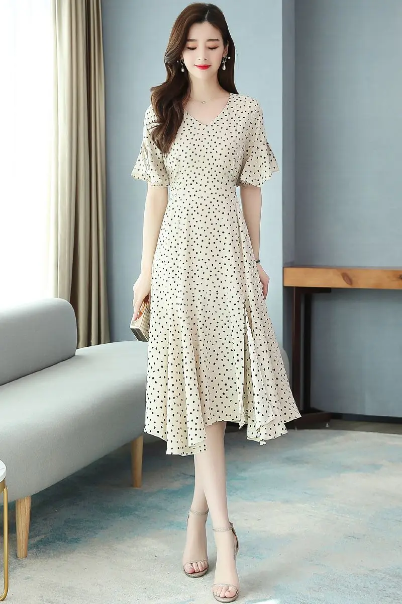 

COIGARSAM Polka Dot Women Long dress New Summer Chiffon High Waist Dresses Meters Apricot 8986