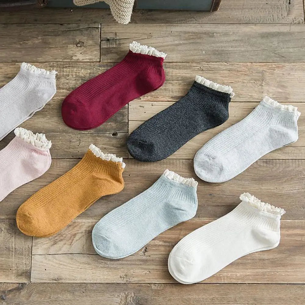 1 Pair Fashion Lace Ruffles Solid Soft Cotton Women Socks Summer Autumn Cute Socks Sweet Princess Girl Cozy Lovely Frilled Socks