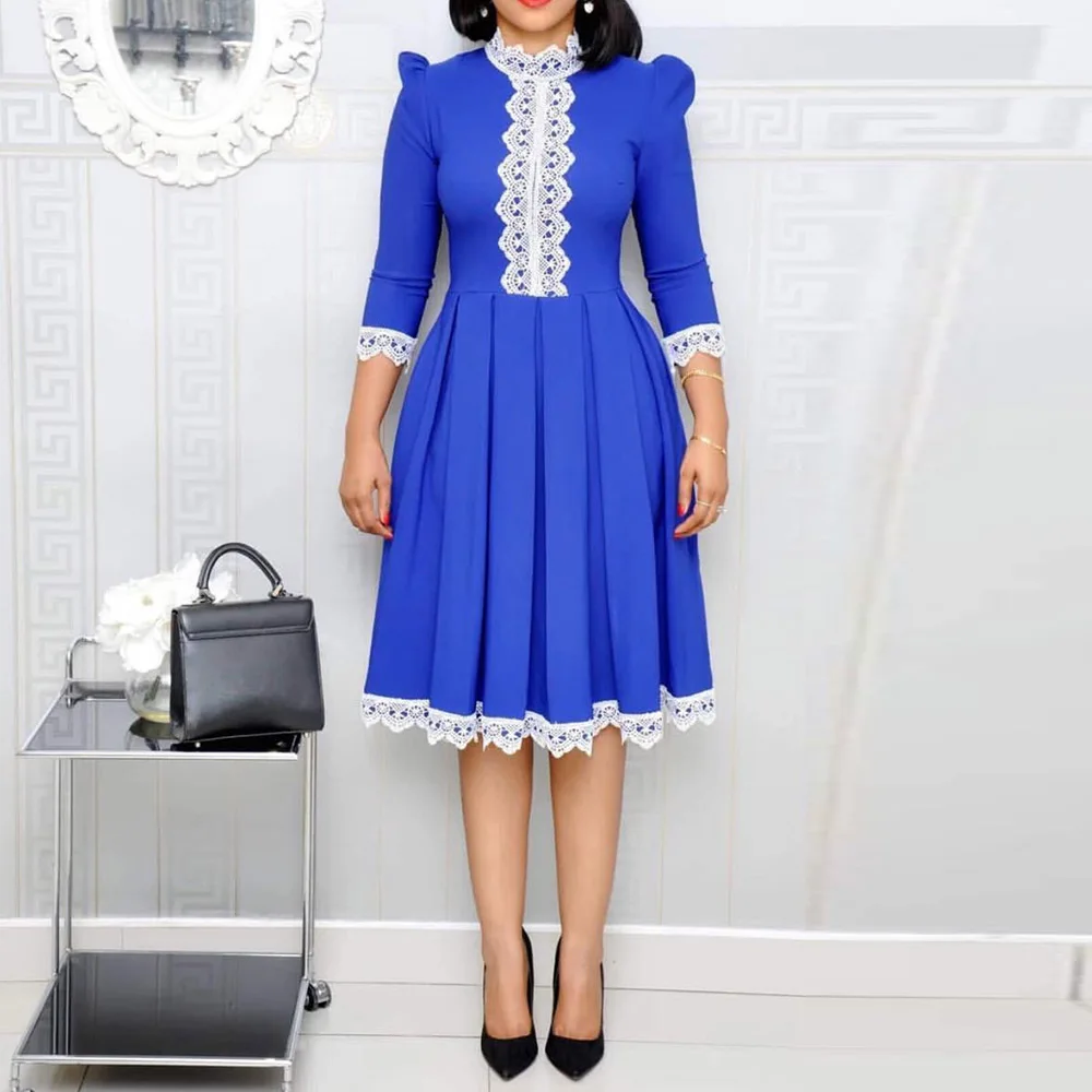 Женское офисное платье синего цвета в стиле ретро элегантное кружевное средней
