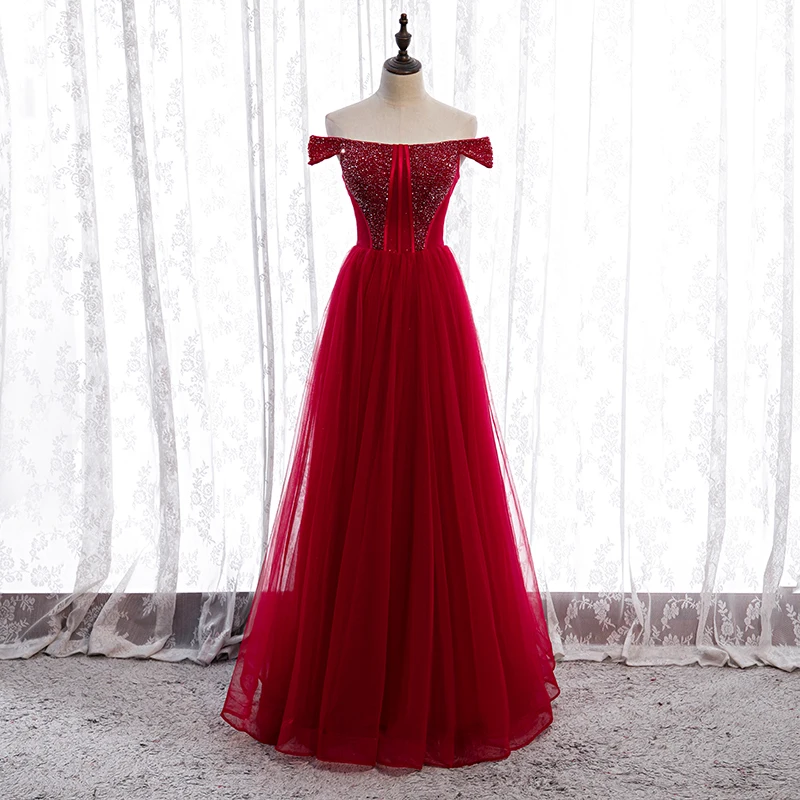 Bespoke Occasion Dresses Illusion Boat Neck Short Backless Beading Lace Tulle Luxury Burgundy Women Formal Evening Gown HB198