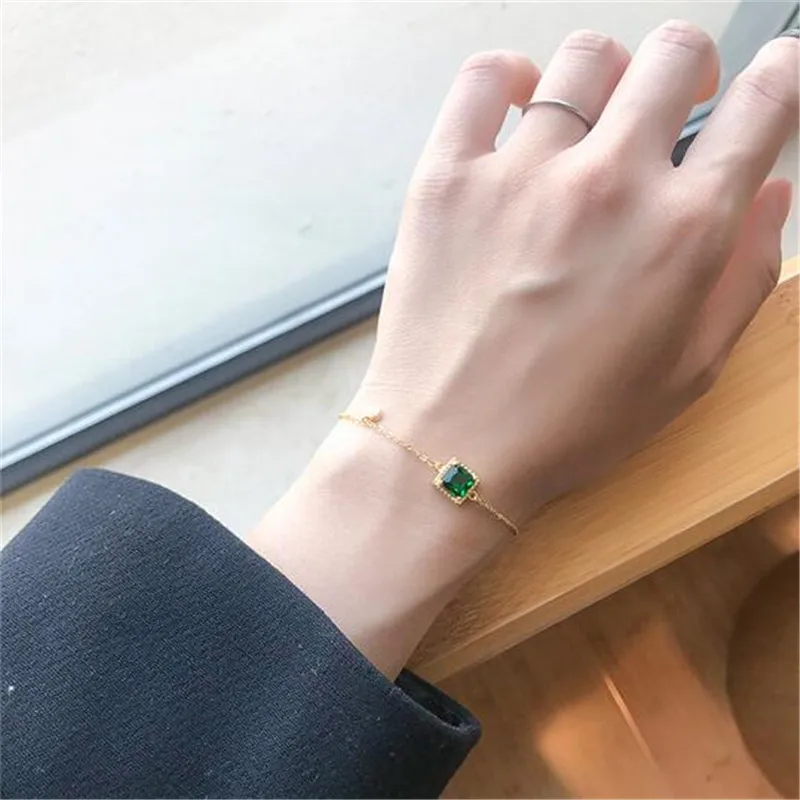 

New Personality Temperament Geometric 925 Sterling Silver Jewelry Not Allergic Square Green Crystal Sweet Gift Bracelets SB162