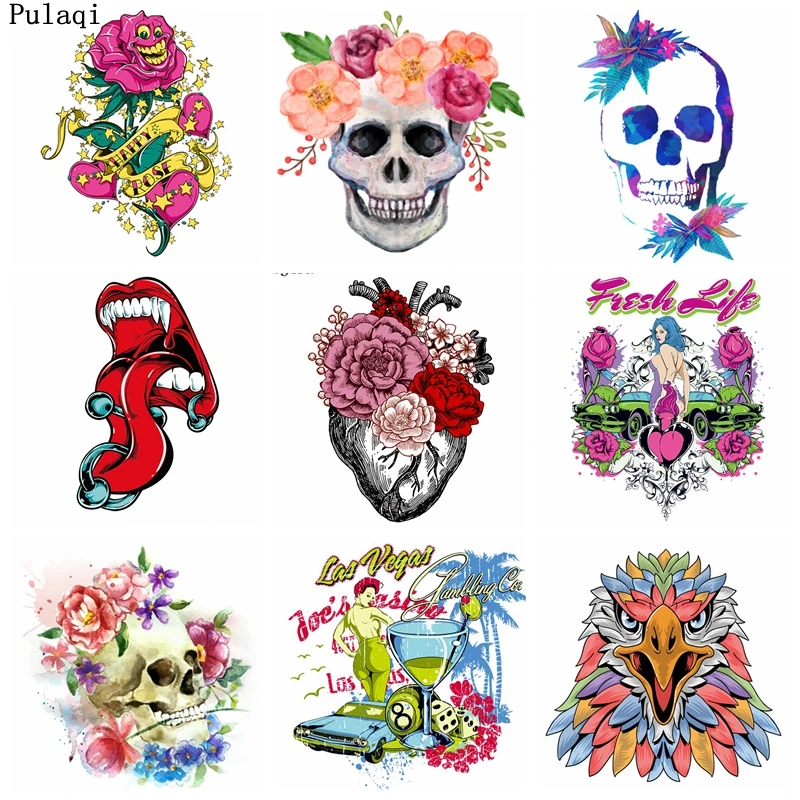 Pulaqi цветок череп рок теплопроводная поливинилхлоридная патч для переноса утюгом