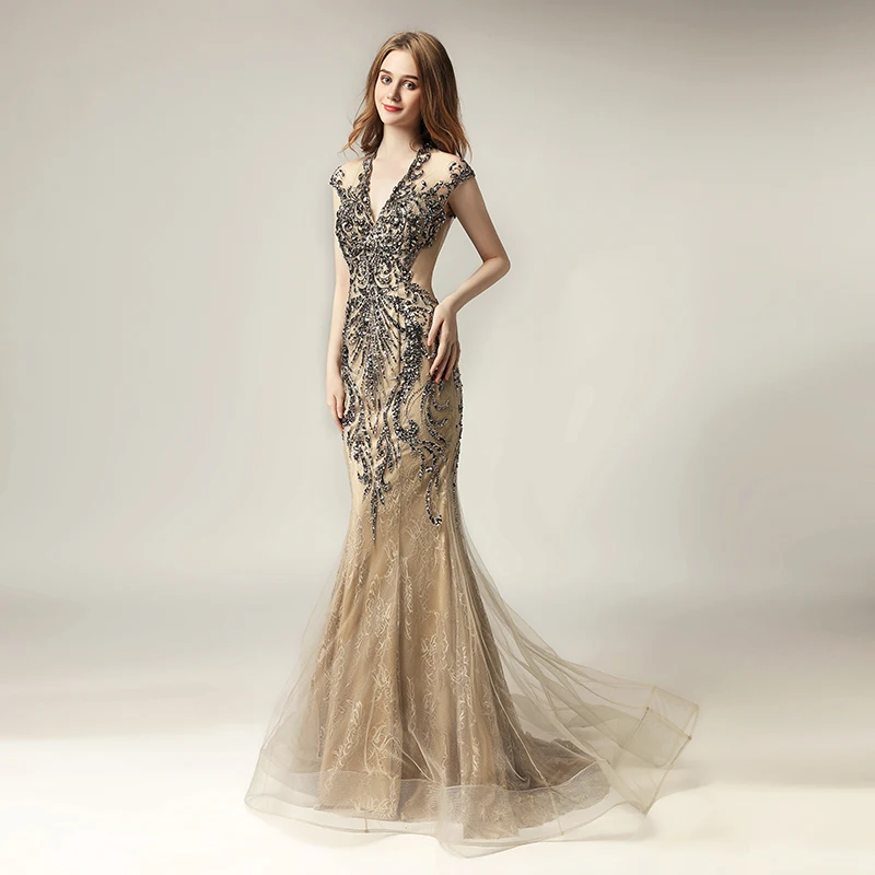 Robe De Soiree новые сексуальные платья Мокко Русалка Формальное вечернее платье с кристаллами бисером тюль женские вечерние платья LSX430