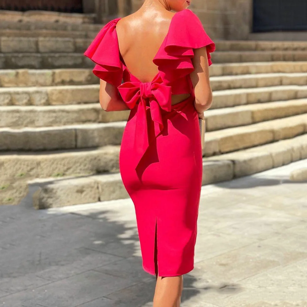 

Women Party Backless Sexy Dress 2021 Fashion Ruffle Split Designer Bodycon Elegant Evening Midi Dresses Summer Robes Red Lace Up