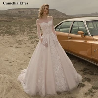 princess long sleeve a line wedding dress illusion lace appliques plus size 26w lace up corset bridal robes vestidos de novia