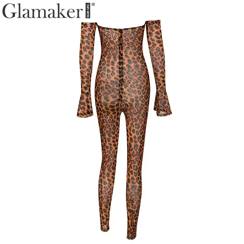 Женский прозрачный комбинезон с длинным рукавом Glamaker леопардовый открытыми