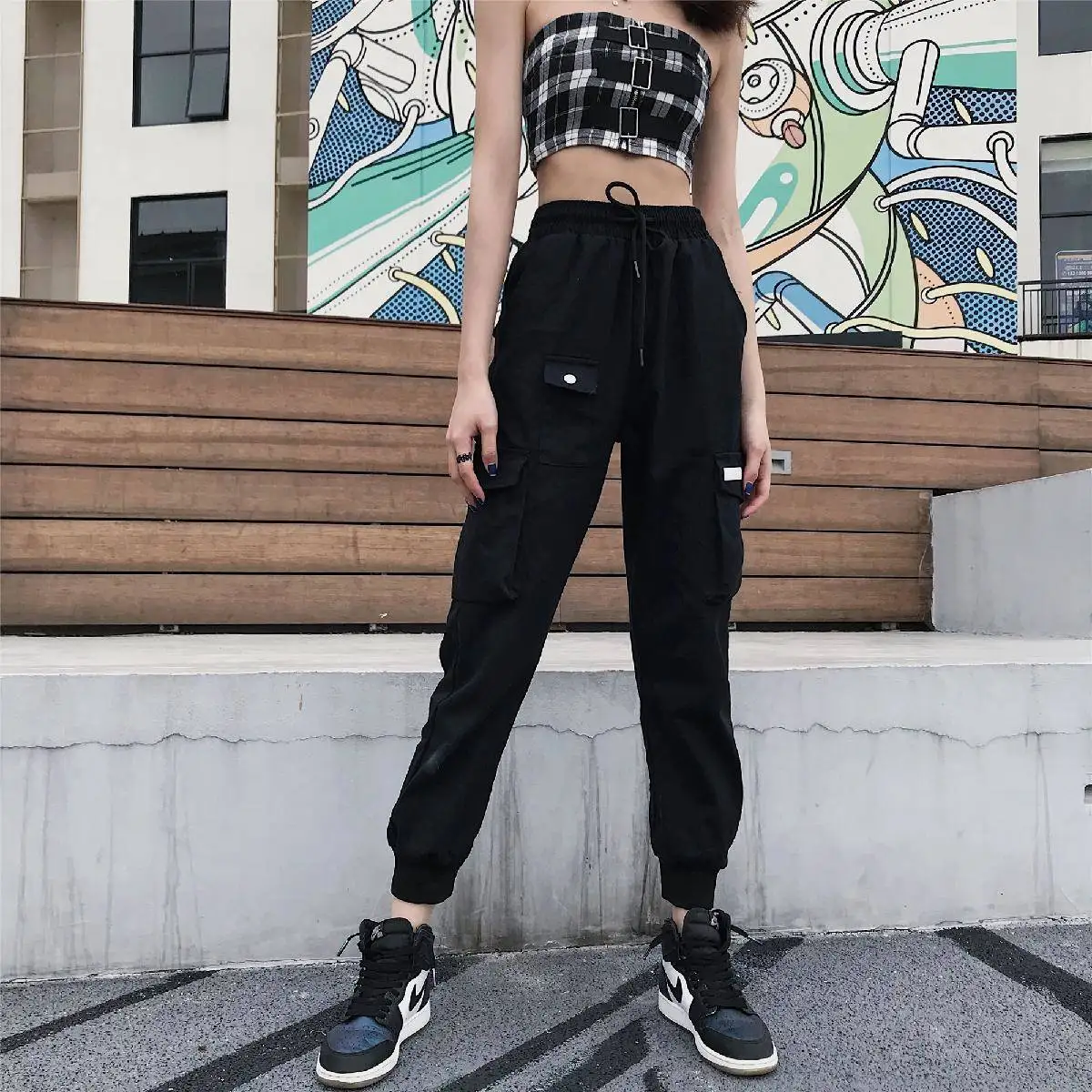 Джоггеры с лентами и карманами в японском стиле брюки карго шаровары уличная