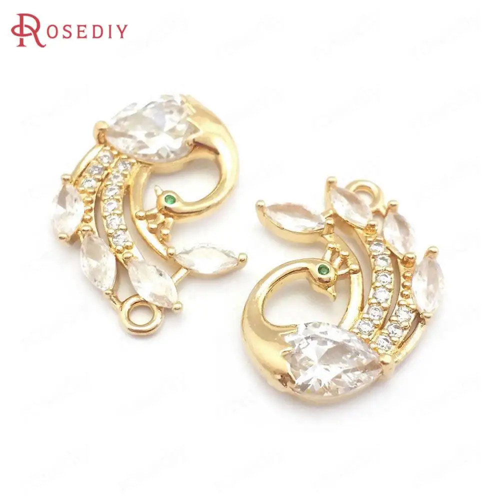 

(40212)6PCS 17x25MM 24K Champagne Gold Color Brass and Zircon Peacock Charms Pendants Jewelry Making Supplies Diy Accessories
