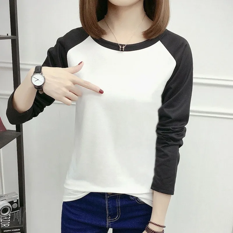 Осенняя женская футболка однотонный топ с длинными рукавами в Корейском стиле