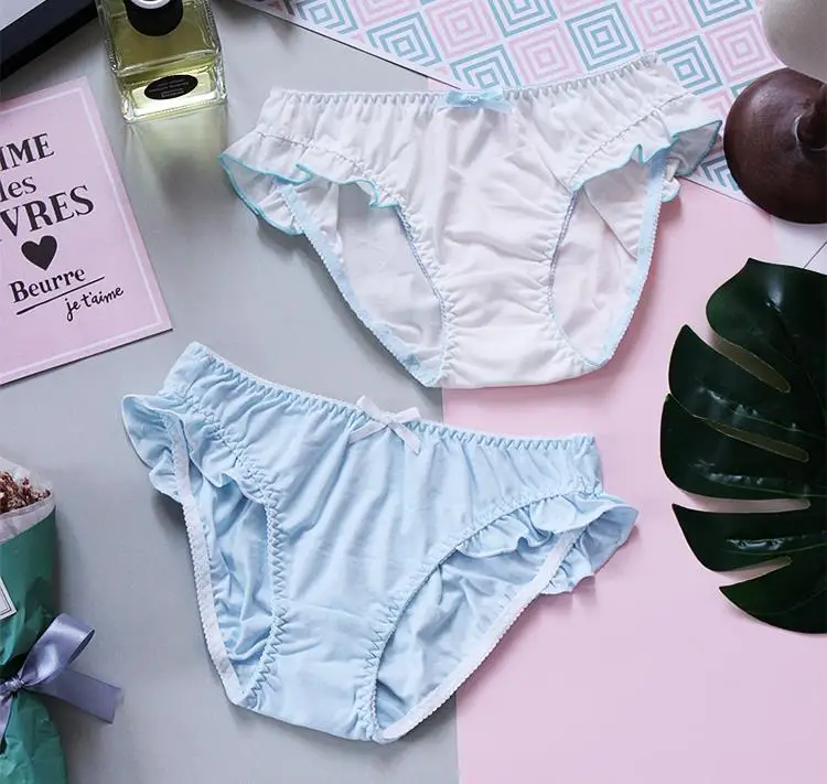 Женские хлопковые трусики с оборкой синие и белые в японском стиле|panties briefs|cotton