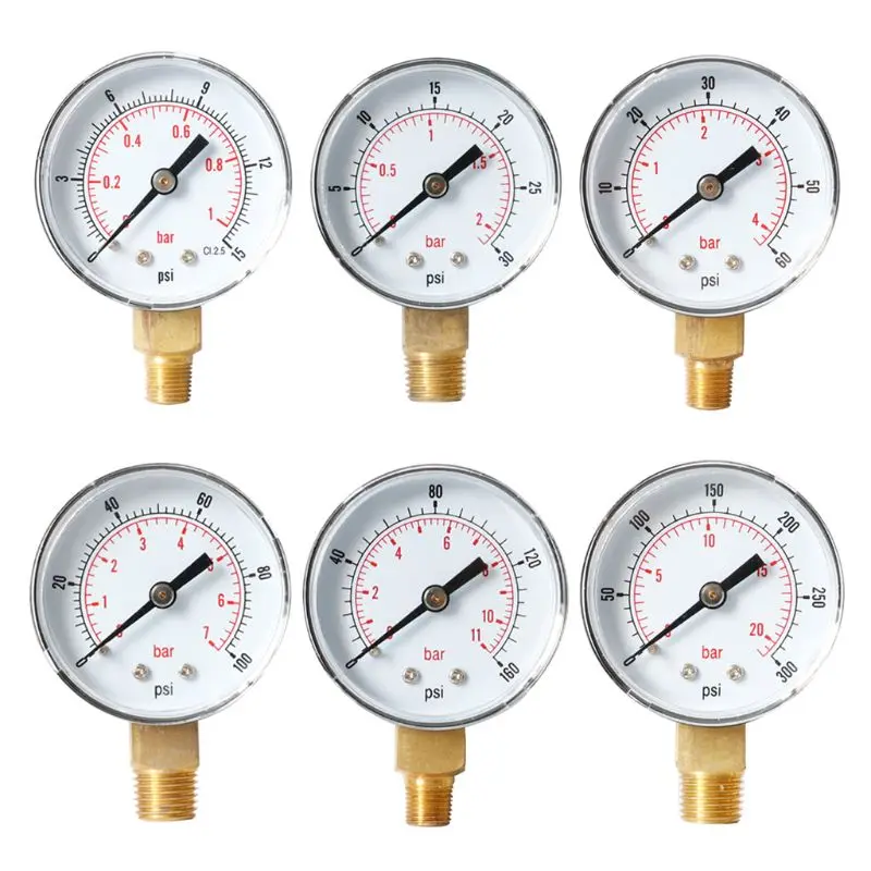 

Манометр 52 мм Циферблат 1/8 дюйма BSPT вертикальный 0/15,30,60, 100160300 PSI & бар нижнее Крепление