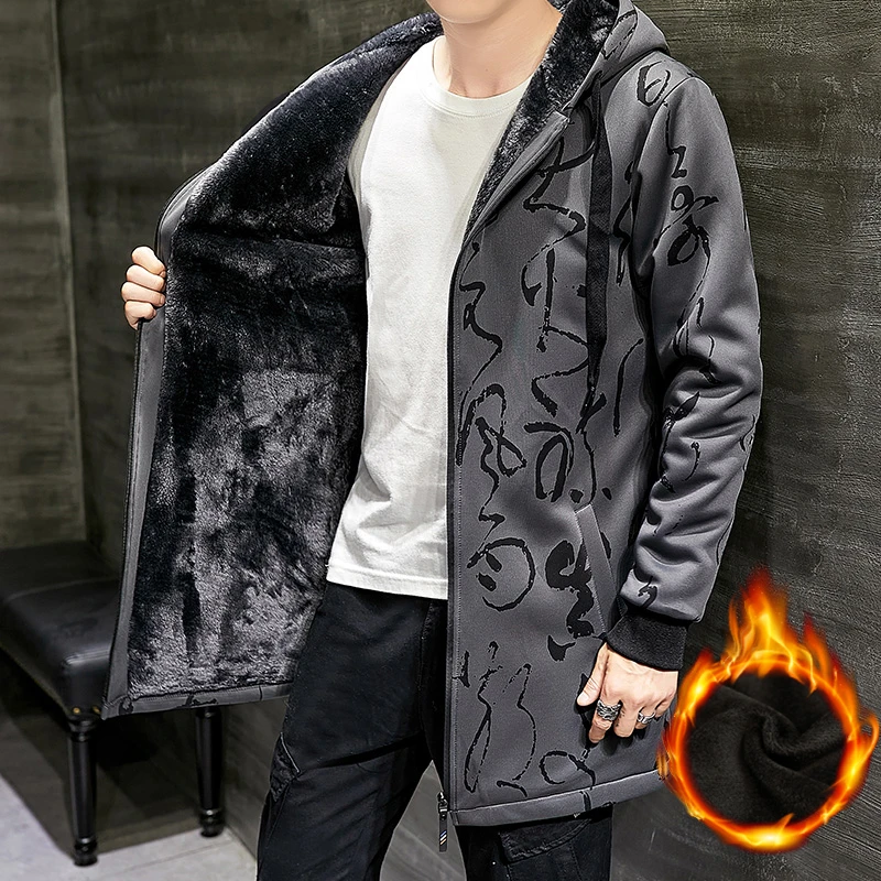 

Fleece Trench Coat Men Fashion Digital Printing Winter Harajuku Windbreaker Overcoat Male Casual Outwear Hip Hop Men Jacket