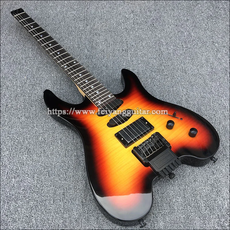 Электрогитара без головки высокого качества, портативный музыкальный инструмент, отделка кленом тигра.