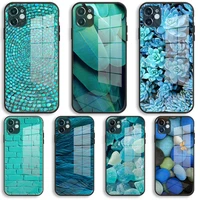 turquoise stone flora feather soft glass silicone case for iphone 13 12 11 pro x xs max xr 8 7 6 plus se 2020 s mini balck cover