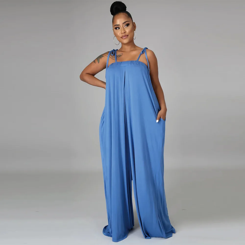 

Spaghetti Strap Loose Rompers Womens Jumpsuit 2022 Sleeveless Backless Pocket Wide Leg Overall Summer Draped Full Length Outfit